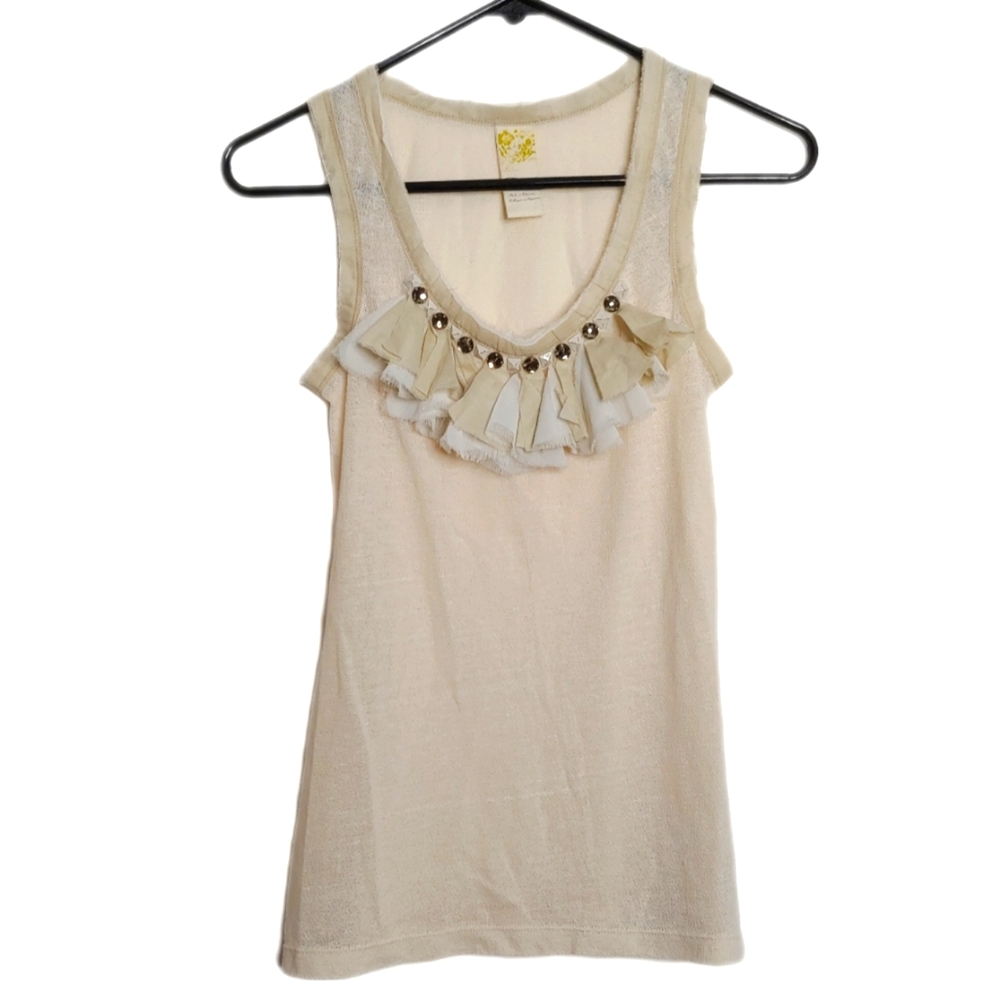 Anthropologie Women's Cream Sleeveless Blouse with Jeweled V Neck Size XS
